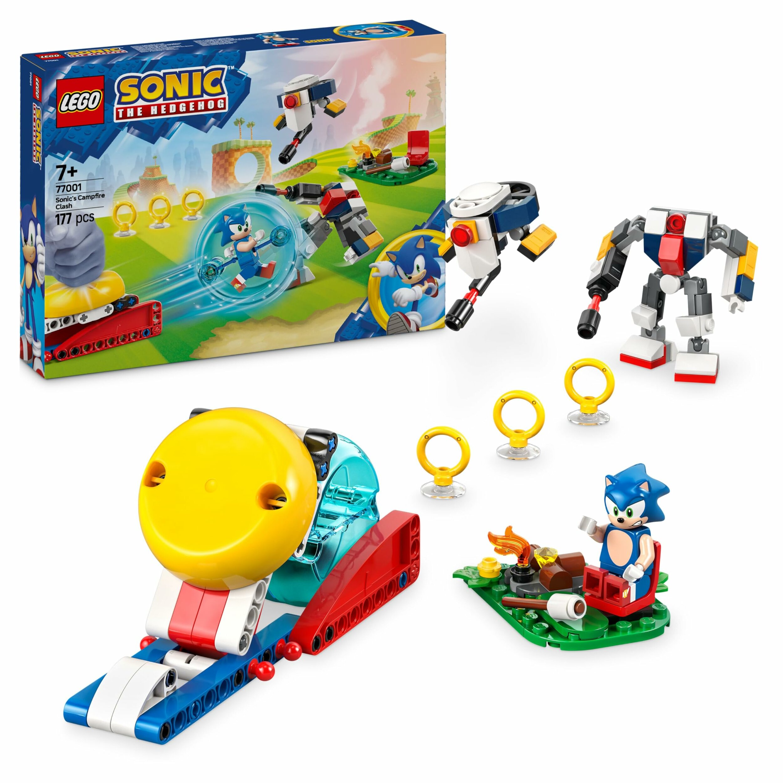 Boîte du set LEGO Sonic 77001 et la scène montée devant : lanceur, robots, anneaux et Sonic au coin du feu