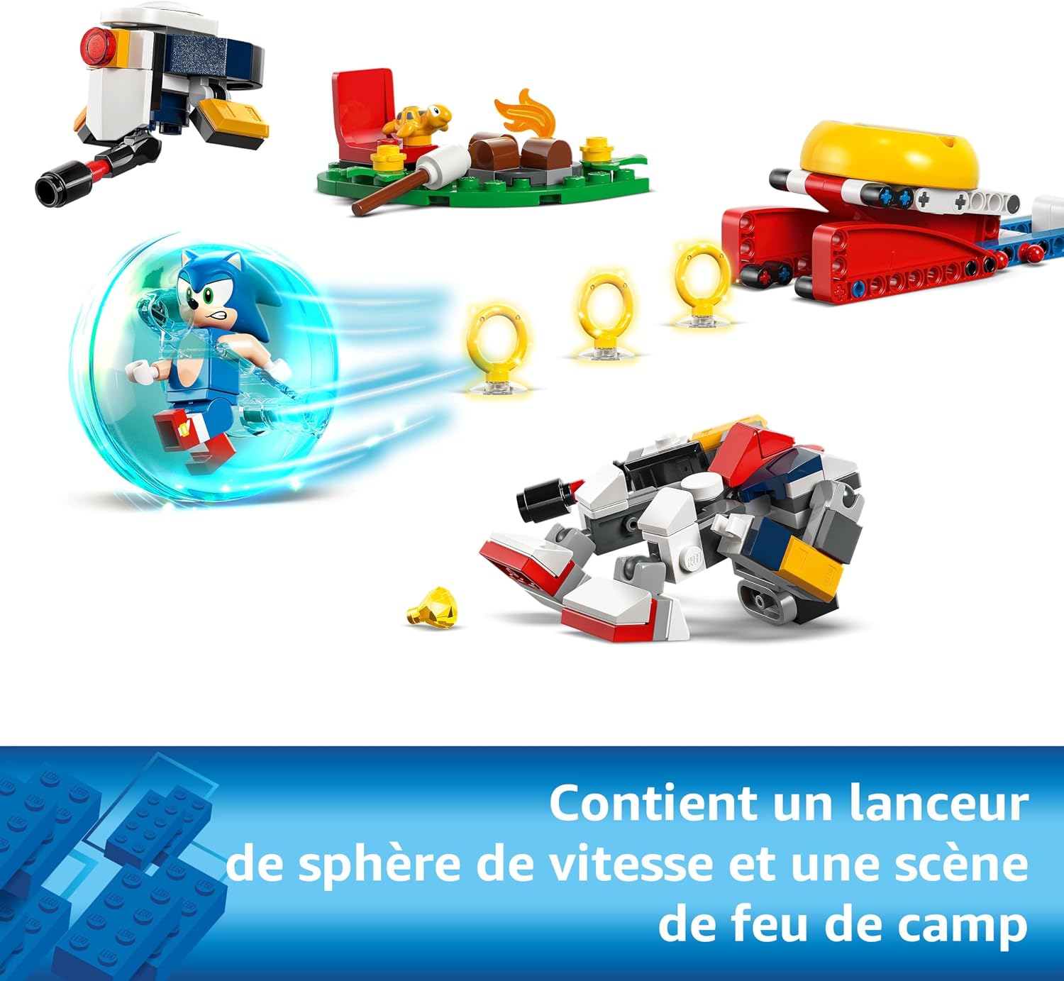 Sonic lancé dans sa sphère vers les robots, le lanceur et le feu de camp, légende en français