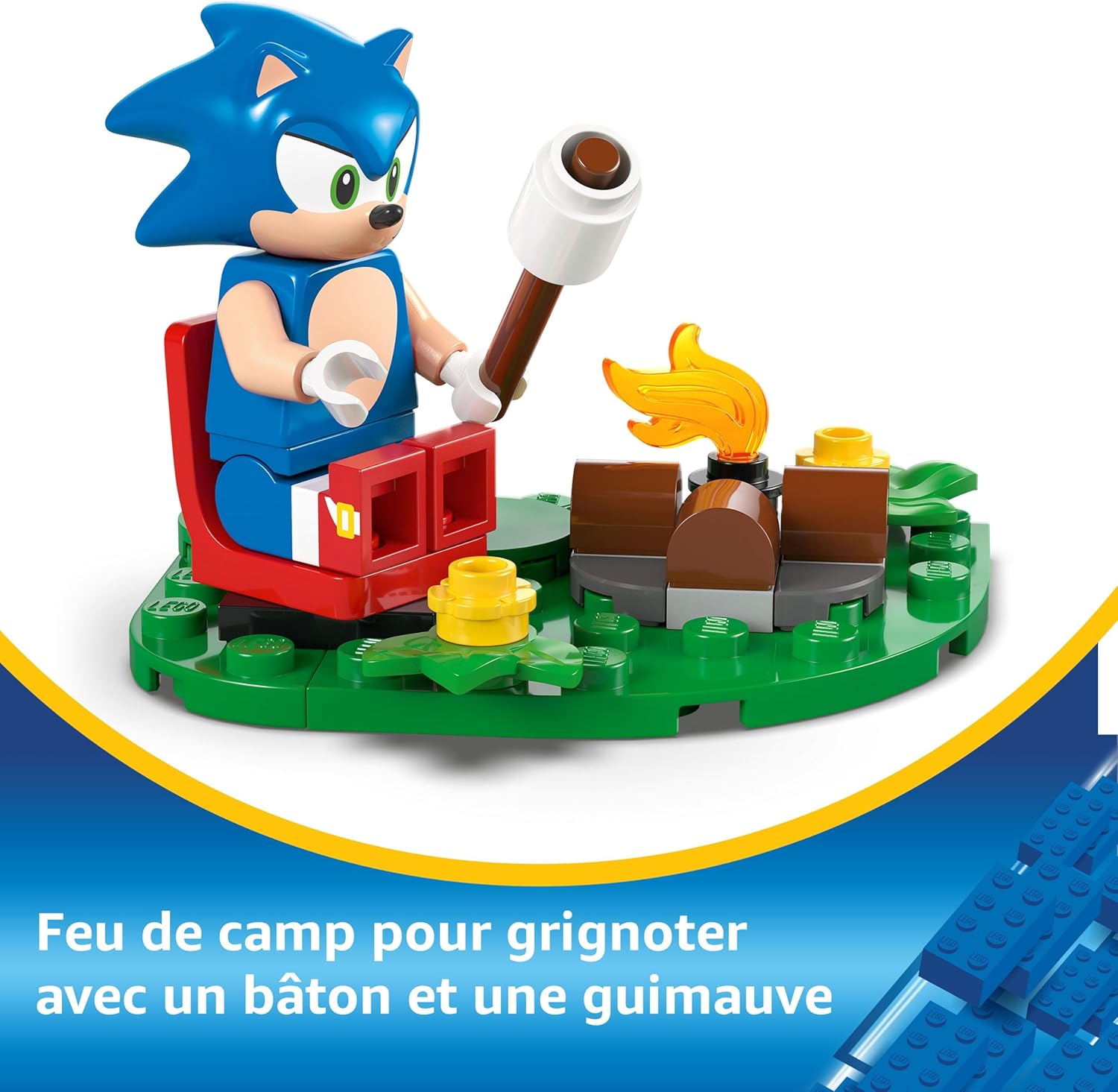 Gros plan sur Sonic assis près du feu de camp avec un bâton et une guimauve, légende en français