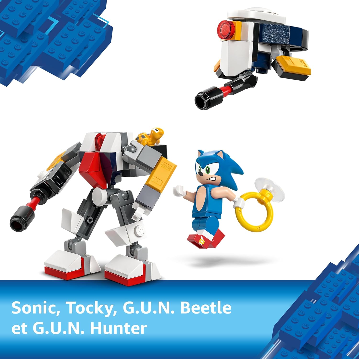 Sonic, le Tocky, le drone G.U.N. Beetle et le robot G.U.N. Hunter, légende en français