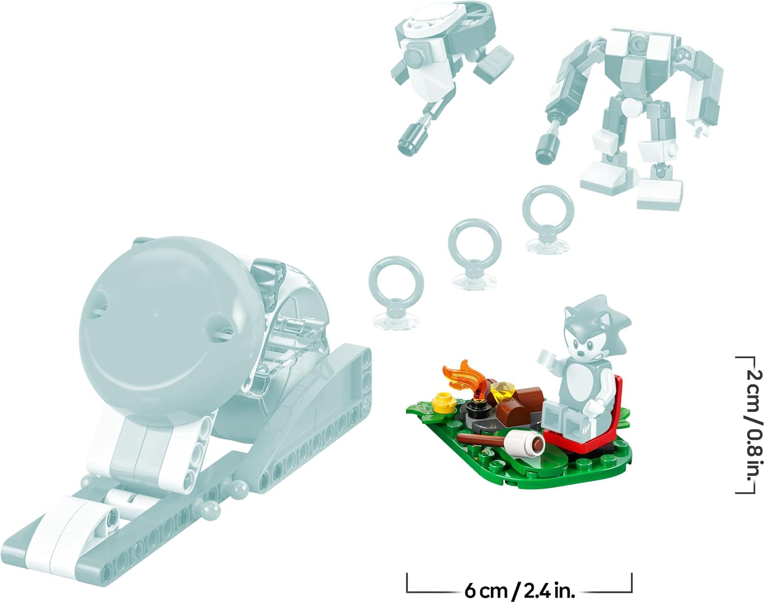Schéma des dimensions du feu de camp : 2 cm de haut et 6 cm de large, le reste du set en transparence