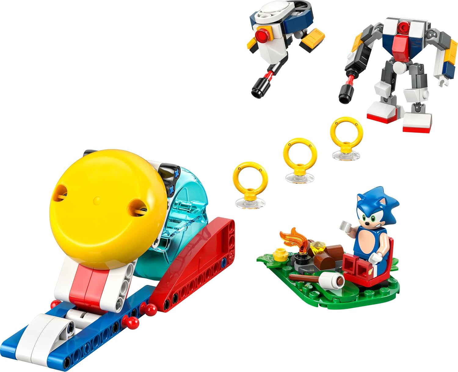 Le lanceur, les deux robots, trois anneaux et Sonic au coin du feu, en grand sur fond blanc