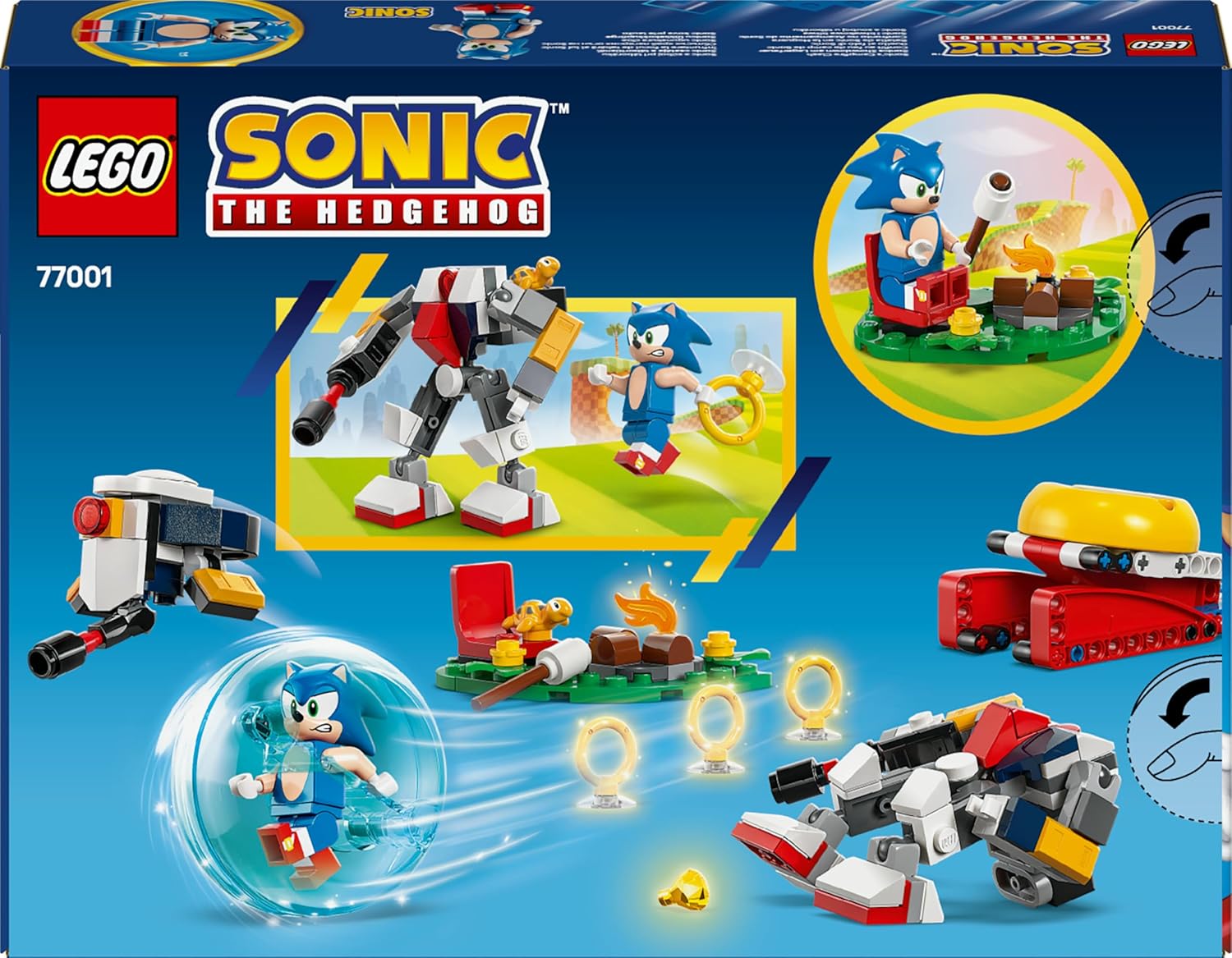 Dos de la boîte du set LEGO Sonic 77001, avec des photos de la scène et du lanceur