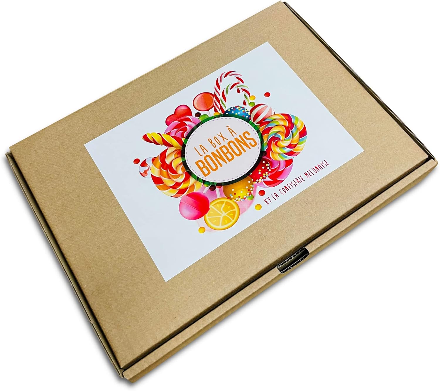La boîte fermée avec son étiquette « La box à bonbons by la Confiserie Melunaise »