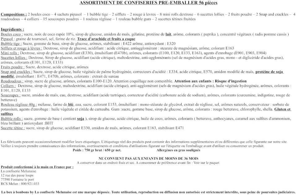 Étiquette du vendeur : composition des 56 pièces, ingrédients, allergènes, poids brut et net