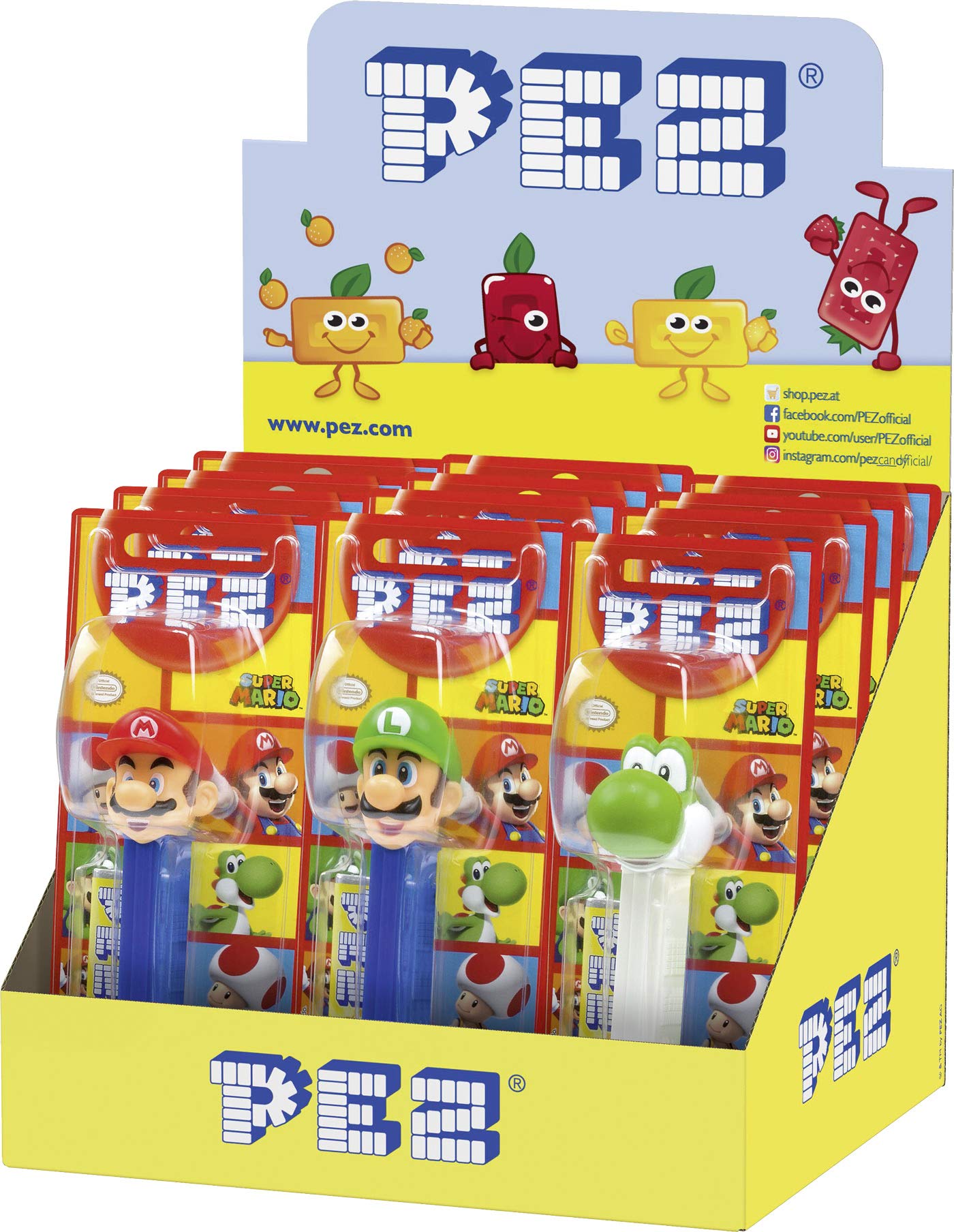 Boîte présentoir PEZ jaune garnie de blisters Super Mario : Mario, Luigi et Yoshi au premier rang