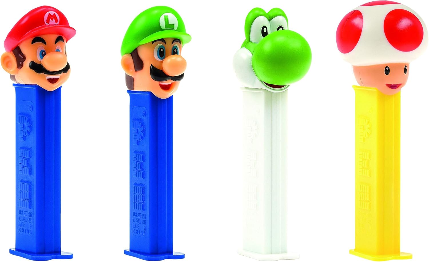 Les quatre distributeurs sans emballage : Mario, Luigi, Yoshi et Toad