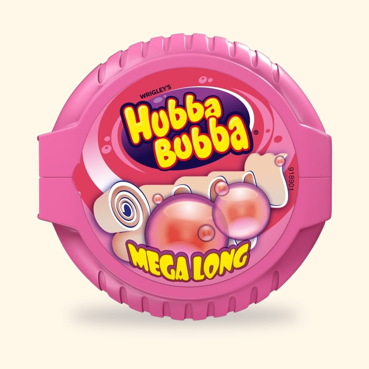 Rouleau Hubba Bubba Mega Long vu de dessus, boîtier rond rose, sur fond crème
