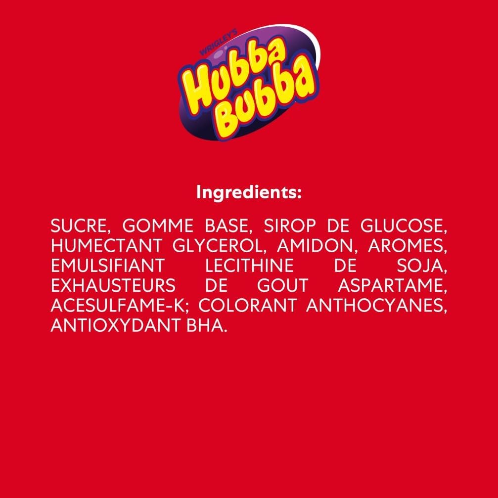 Liste des ingrédients en majuscules sur fond rouge, sous le logo Hubba Bubba