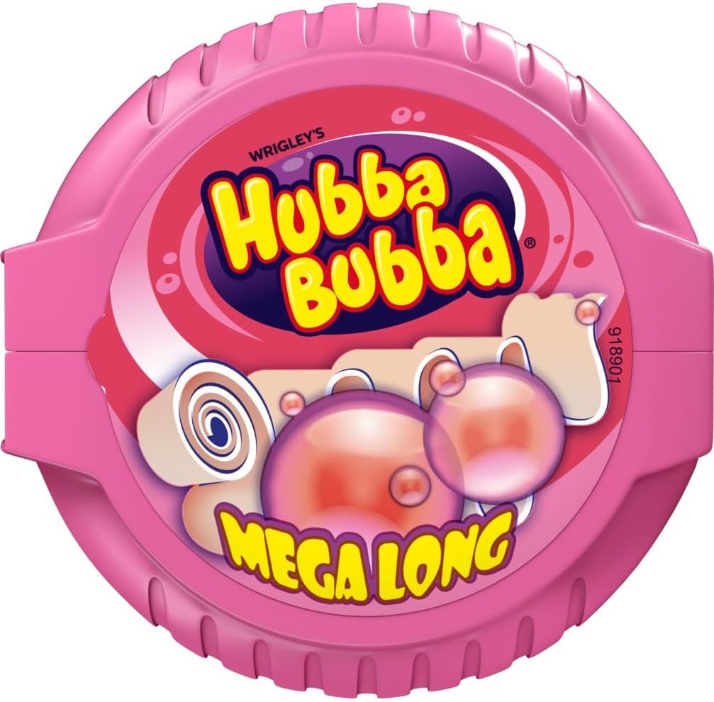 Un rouleau Hubba Bubba Mega Long vu de dessus, boîtier rond rose