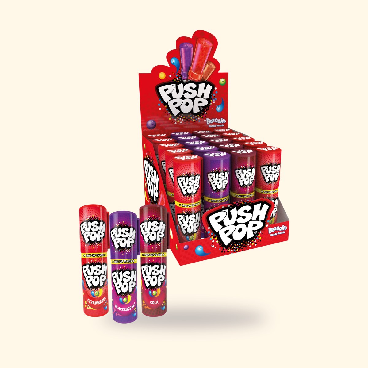 Présentoir de 20 Push Pop Bazooka et trois tubes fraise, cassis et cola, sur fond crème