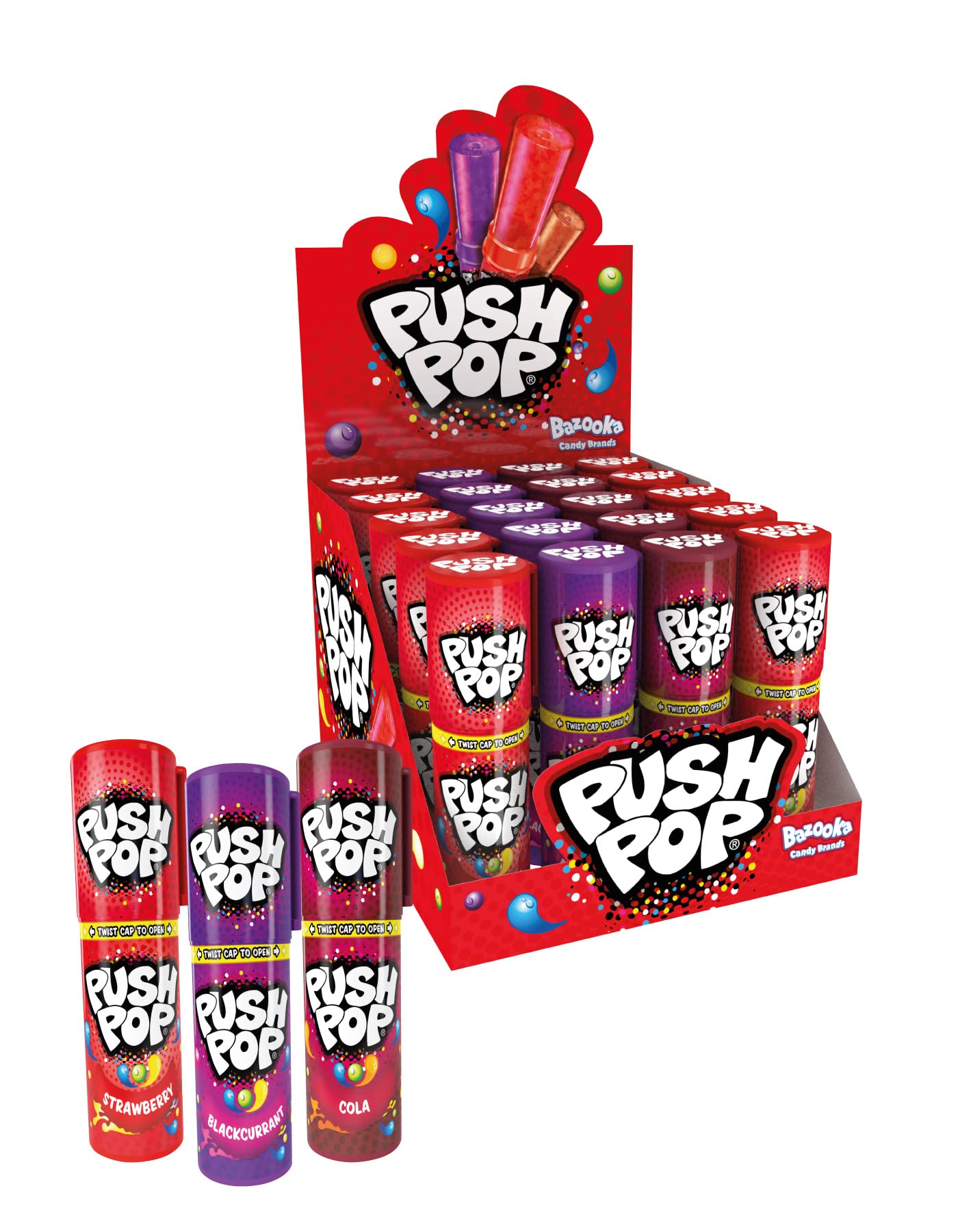 Boîte présentoir de Push Pop Bazooka et trois tubes fraise, cassis et cola au premier plan