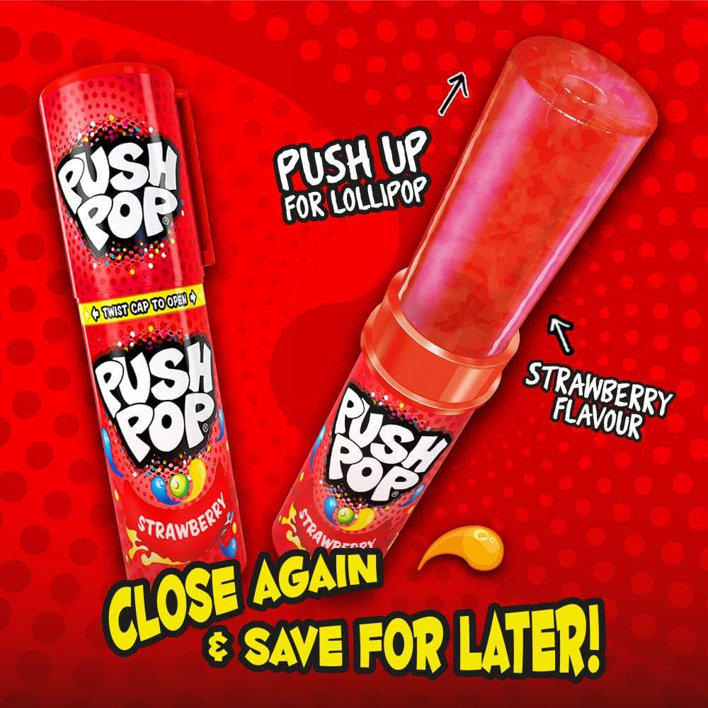 Visuel en anglais : Push Pop fraise, tube fermé et sucette sortie