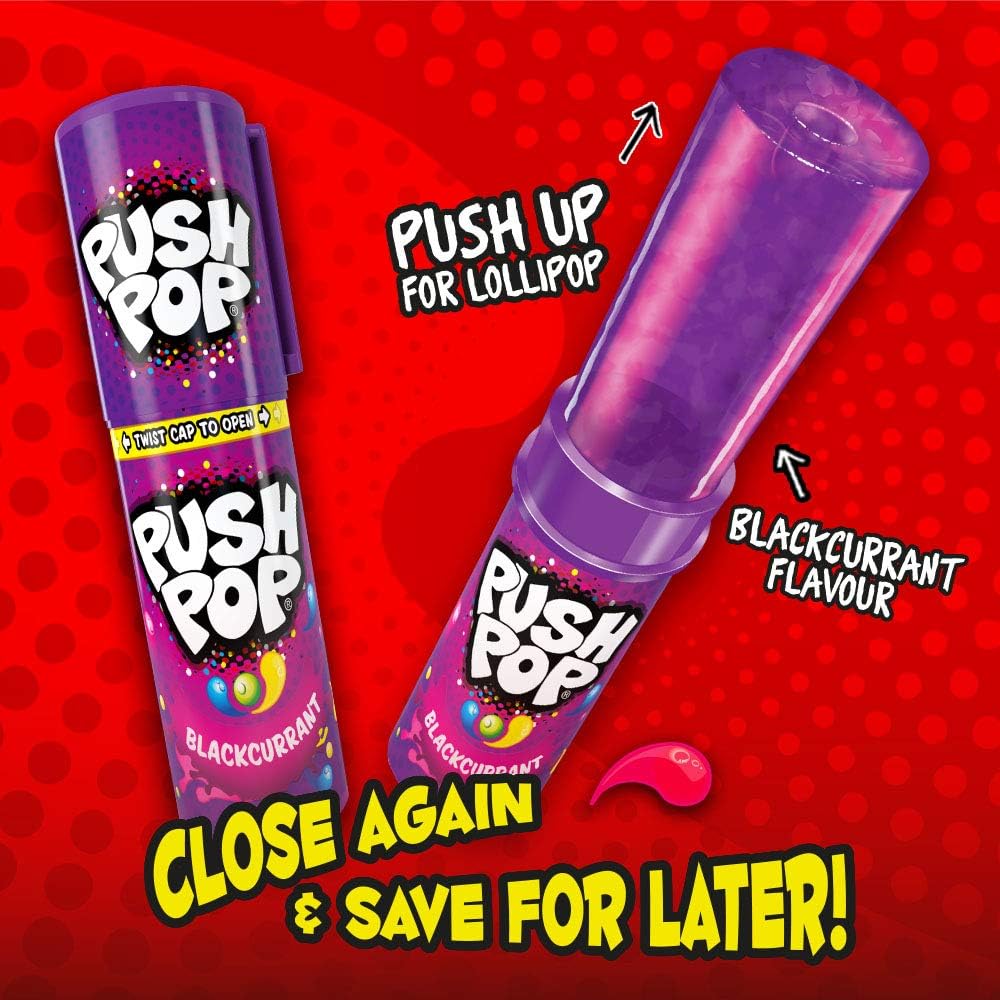 Visuel en anglais : Push Pop cassis, tube fermé et sucette sortie