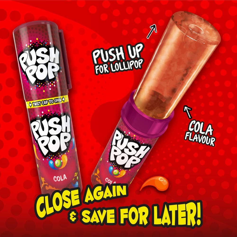 Visuel en anglais : Push Pop cola, tube fermé et sucette sortie