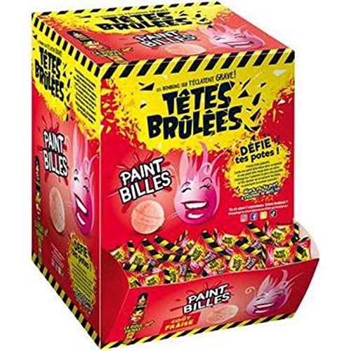 Boîte présentoir Têtes Brûlées Paint Billes goût fraise, ouverte sur des bonbons emballés un par un