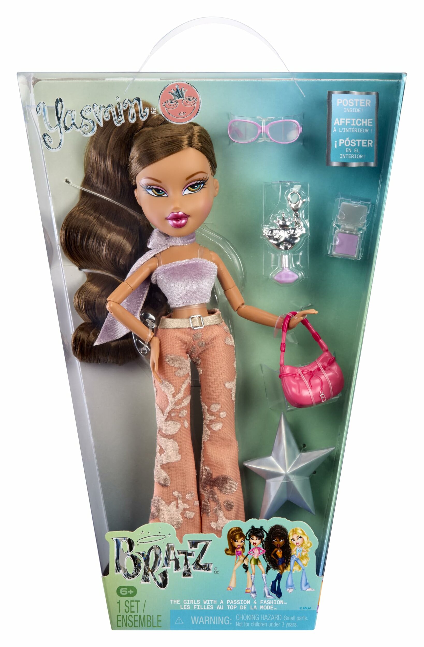 Boîte de la poupée Bratz Yasmin Première Édition Reimagined vue de face, accessoires visibles
