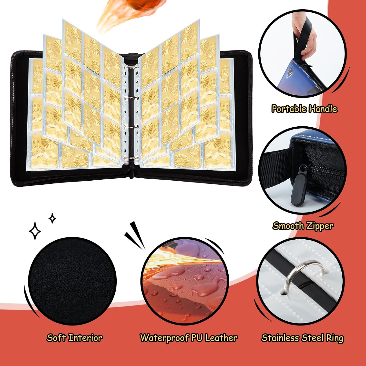 Classeur Mactoou ouvert : pages à 9 pochettes, anneaux en acier, poignée et zip