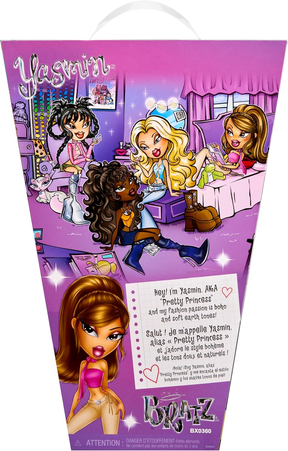 Dos de la boîte : les quatre amies dessinées et présentation de Yasmin, alias Pretty Princess