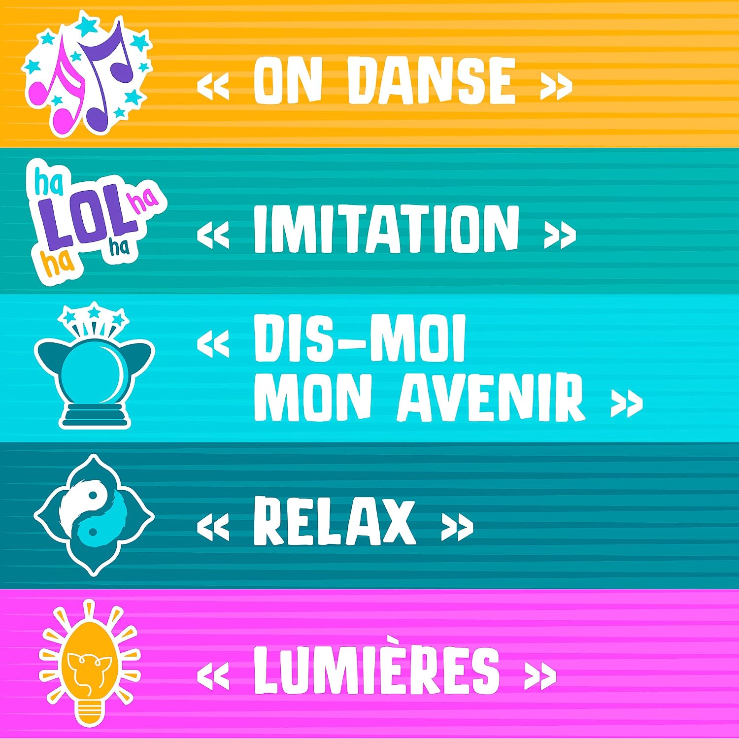Visuel des cinq modes : On danse, Imitation, Dis-moi mon avenir, Relax, Lumières