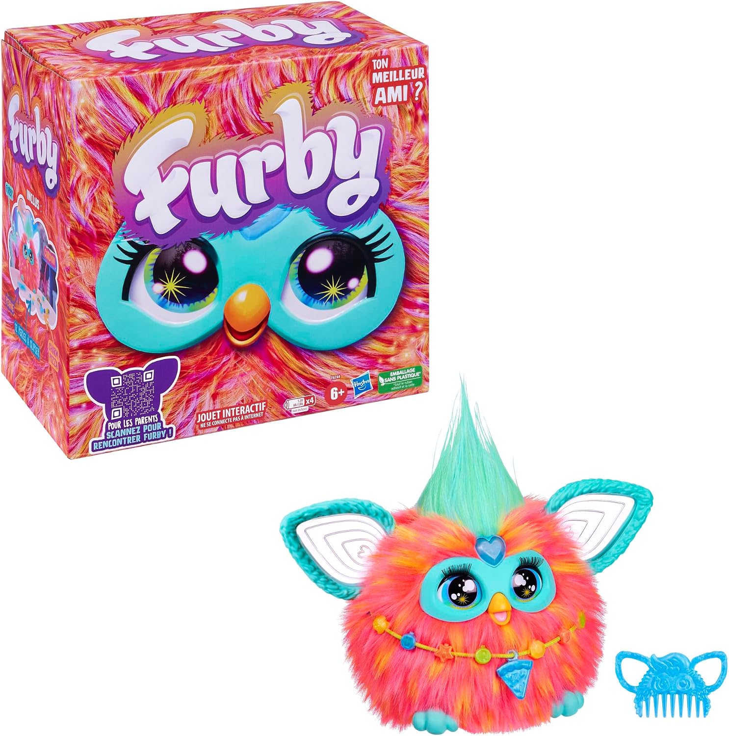 Boîte et Furby Corail avec son peigne, visuel du contenu