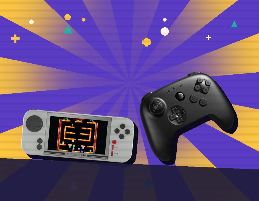 Une console portable rétro et une manette sans fil, sur un soleil jaune
