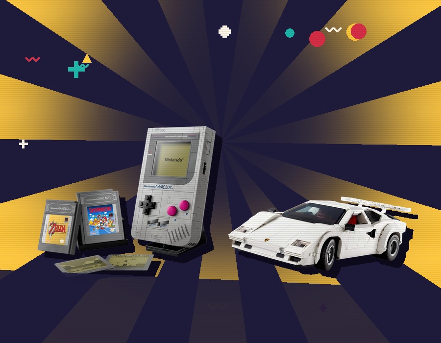 La Game Boy et la Countach en LEGO, sur un soleil jaune