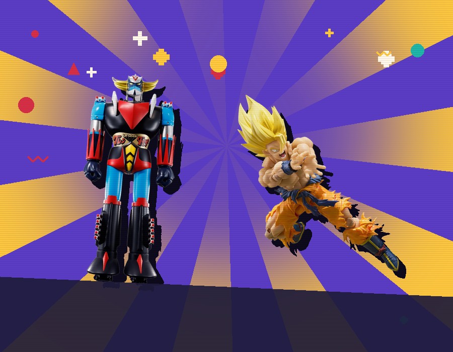 Goldorak et Goku en figurines, sur un soleil jaune
