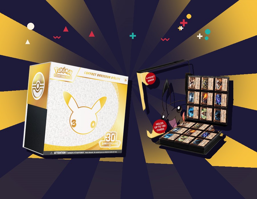Un coffret Pokémon des 30 ans et un classeur ouvert, sur un soleil jaune