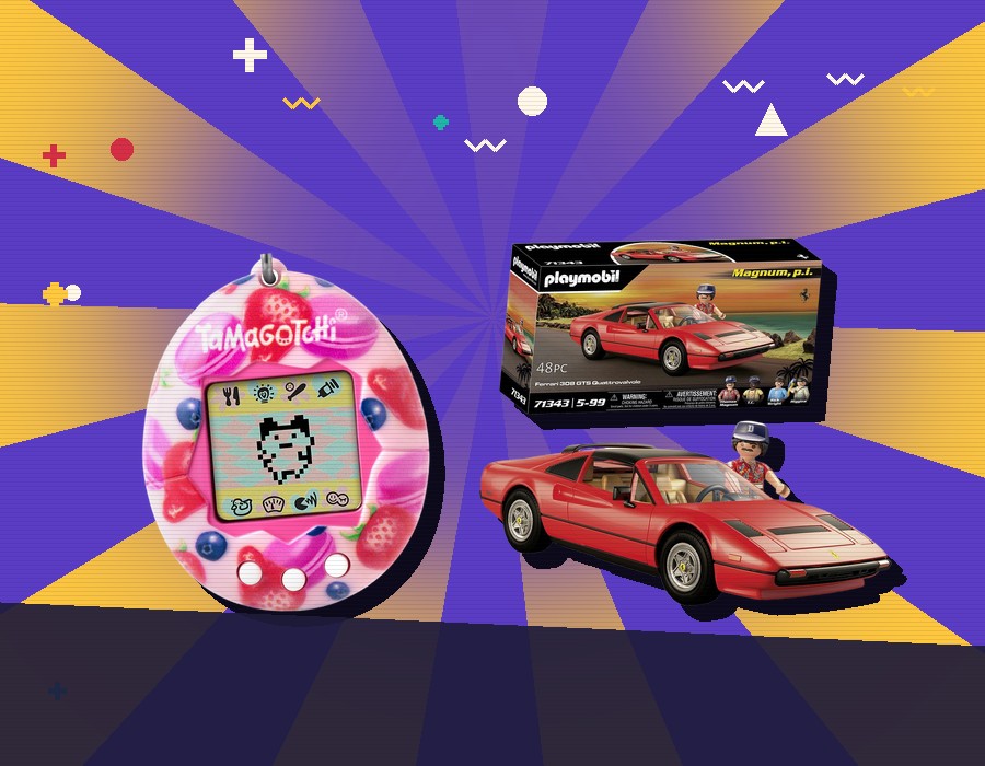 Un Tamagotchi et la Ferrari de Magnum en Playmobil, sur un soleil jaune