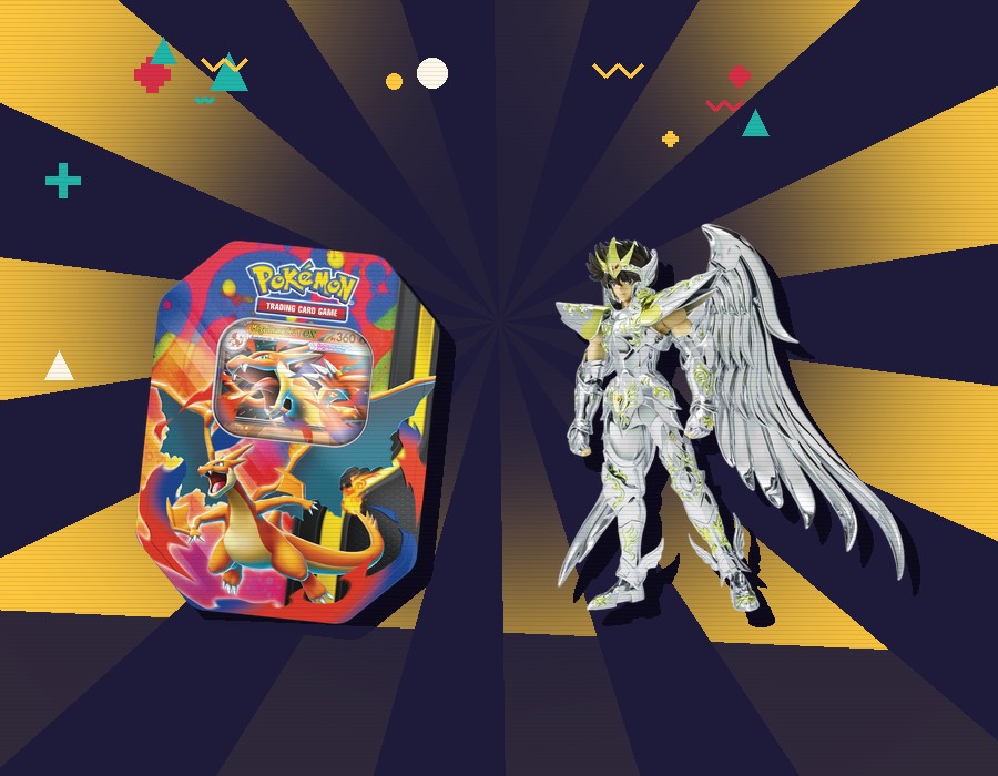 Une boîte Pokémon Dracaufeu et une figurine de Seiya, sur un soleil jaune