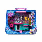 Boîte Spin & Style Boutique de face : trois animaux, boutique et accessoires derrière la fenêtre