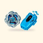 Toupie Beyblade X Cobalt Dragoon argent et bleu à côté de son lanceur à corde bleu, sur fond crème