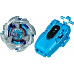 Toupie Cobalt Dragoon argent et bleu et son lanceur à corde bleu, sur fond blanc