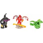Les trois Bakugan ouverts : Hammerhead noir, Dragonoid rouge sur sa base, Nillious vert