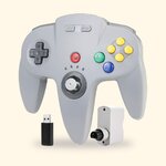 Manette N64 sans fil miadore grise avec ses récepteurs USB et N64, sur fond crème