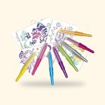 Huit feutres Blopens de couleur posés sur des pochoirs de fée, de château et de licorne, sur fond crème
