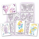 Pochoirs et dessins terminés : fée, papillon, château, dragon, sirène et licorne