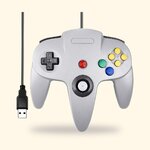 Manette N64 USB miadore grise avec son câble, sur fond crème
