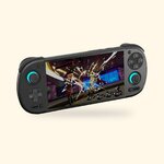 Console Retroid Pocket 6 noire vue de trois quarts, stick gauche en haut, sur fond crème