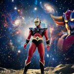 Actarus Abystyle dans lespace, avec Goldorak en arrière-plan
