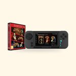 Console Evercade EXP-R anthracite et boîtier de la cartouche Tomb Raider Collection 1, sur fond crème
