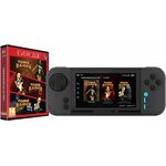 Boîtier Tomb Raider Collection 1 à côté de lEvercade EXP-R anthracite, menu des trois jeux à lécran