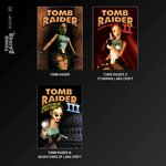 Jaquettes des trois jeux de la cartouche : Tomb Raider, Tomb Raider II et Tomb Raider III