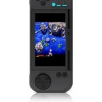 Evercade EXP-R tenue à la verticale en mode TATE, avec un jeu de tir spatial à lécran