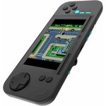 Evercade EXP-R en mode TATE vue de biais, jeu de tir à lécran, prise casque et port USB-C sur la tranche