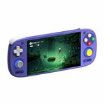 Retroid Pocket 5 violette, coloris GC, vue de trois quarts avec un jeu de plateforme à lécran