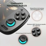 Gros plan sur les commandes : boutons ABXY interchangeables et sticks 3D à effet Hall