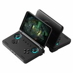 Deux Retroid Pocket Flip 2 noires ouvertes, lune de face avec un jeu à lécran, lautre vue de dos