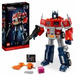 Boîte du LEGO Icons Optimus Prime 10302 et robot monté avec ses accessoires et sa plaque